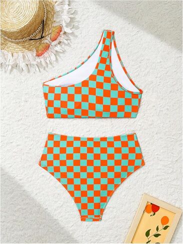 SOLY HUX Women's Plaid Bathing Suit Checkered Print One Shoulder Ruched High Waisted Bikini Set Two Piece Swimsuit in Saudi Arabia