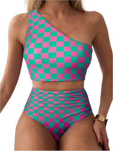 SOLY HUX Women's Plaid Bathing Suit Checkered Print One Shoulder Ruched High Waisted Bikini Set Two Piece Swimsuit in Saudi Arabia