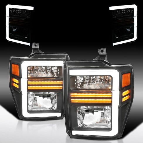 Autozensation Compatible with 2008-2010 Ford F-250, F-350, F-450, F-550 Super Duty, Left + Right Pair Headlamps Assembly, Black Factory Style Headlights with Sequential LED Turn Signal in Saudi Arabia