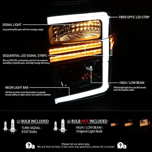 Autozensation Compatible with 2008-2010 Ford F-250, F-350, F-450, F-550 Super Duty, Left + Right Pair Headlamps Assembly, Black Factory Style Headlights with Sequential LED Turn Signal in Saudi Arabia