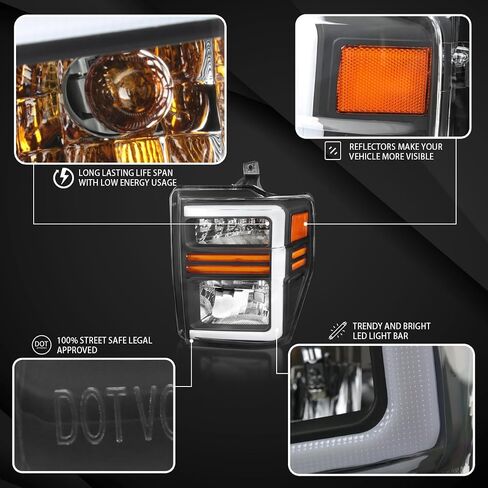 Autozensation Compatible with 2008-2010 Ford F-250, F-350, F-450, F-550 Super Duty, Left + Right Pair Headlamps Assembly, Black Factory Style Headlights with Sequential LED Turn Signal in Saudi Arabia