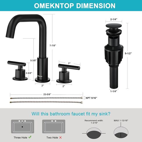 Matte Black Bathroom Faucet, OMEKNTOP 8 Inch Black Bathroom Faucet 3 Hole with 360° Swivel Gooseneck and cUPC Hose, Two Handle Bathroom Sink Faucet for Basin Lavatory Vanity in Saudi Arabia