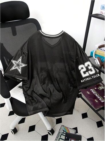 Men's Number Graphic Jersey T-Shirt Short Sleeve V Neck Loose Oversized Sports Streetwear in Saudi Arabia
