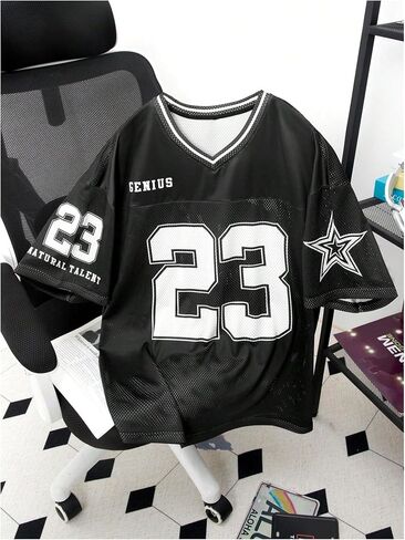 Men's Number Graphic Jersey T-Shirt Short Sleeve V Neck Loose Oversized Sports Streetwear in Saudi Arabia