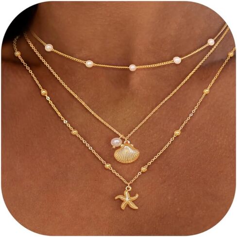 Layered Shell Necklace for Women, 14K Gold Plated Charm Seashell Starfish Charm Necklace Stack Dainty Gold Summer Necklaces Cute Waterproof Beach Jewelry for Women in Kuwait