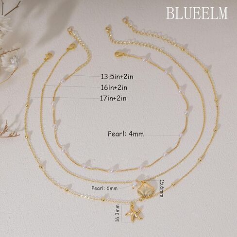 Layered Shell Necklace for Women, 14K Gold Plated Charm Seashell Starfish Charm Necklace Stack Dainty Gold Summer Necklaces Cute Waterproof Beach Jewelry for Women in Kuwait