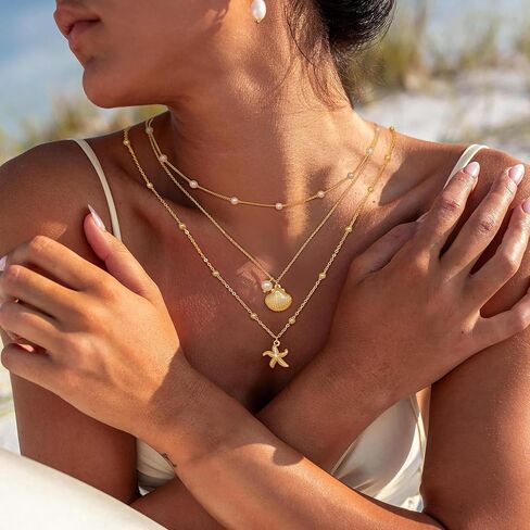 Layered Shell Necklace for Women, 14K Gold Plated Charm Seashell Starfish Charm Necklace Stack Dainty Gold Summer Necklaces Cute Waterproof Beach Jewelry for Women in Kuwait