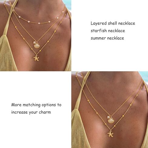 Layered Shell Necklace for Women, 14K Gold Plated Charm Seashell Starfish Charm Necklace Stack Dainty Gold Summer Necklaces Cute Waterproof Beach Jewelry for Women in Kuwait