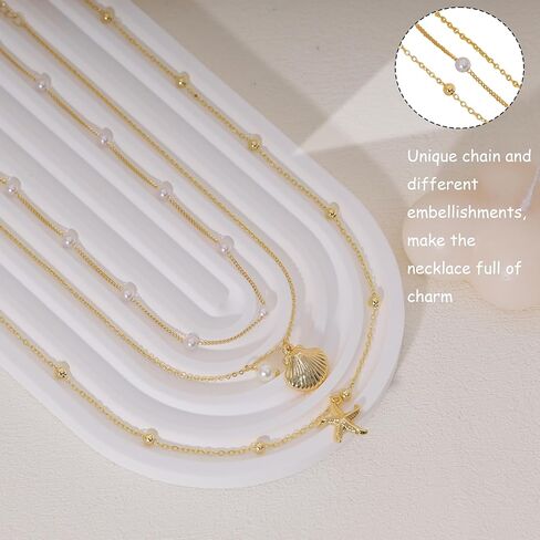 Layered Shell Necklace for Women, 14K Gold Plated Charm Seashell Starfish Charm Necklace Stack Dainty Gold Summer Necklaces Cute Waterproof Beach Jewelry for Women in Kuwait