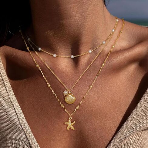 Layered Shell Necklace for Women, 14K Gold Plated Charm Seashell Starfish Charm Necklace Stack Dainty Gold Summer Necklaces Cute Waterproof Beach Jewelry for Women in Kuwait
