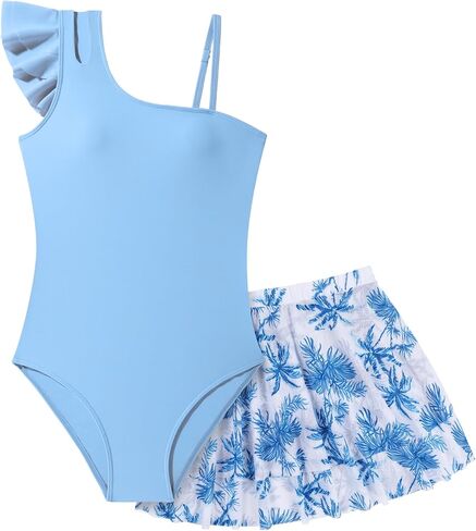 فتيات السباحة قطعة واحدة من ملابس السباحة الفتيات مع الطباعة الاستوائية تستر على تنورة بنات السباحة بدلة السباحة 7-16 سنة in Kuwait