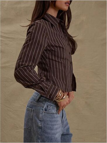 GORGLITTER Women's Striped Button Down Shirt Cropped Long Sleeve Collared Office Business Work Fitted Blouse Dressy in Saudi Arabia
