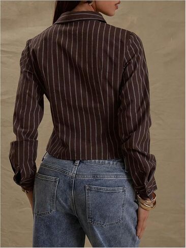 GORGLITTER Women's Striped Button Down Shirt Cropped Long Sleeve Collared Office Business Work Fitted Blouse Dressy in Saudi Arabia