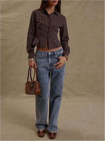 GORGLITTER Women's Striped Button Down Shirt Cropped Long Sleeve Collared Office Business Work Fitted Blouse Dressy in Saudi Arabia