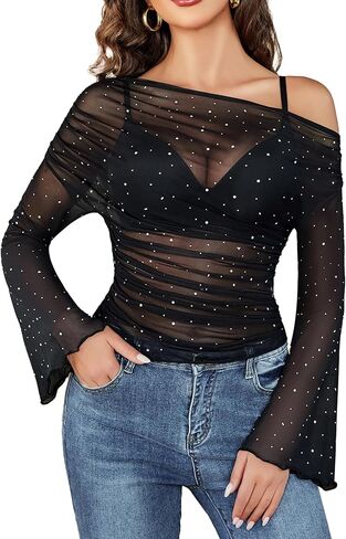 Avidlove Mesh Top for Women Long Sleeve Off The Shoulder Tops Sexy Clubwear Outfits Rhinestone Shirts S-XXL in Saudi Arabia