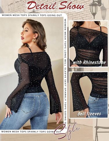 Avidlove Mesh Top for Women Long Sleeve Off The Shoulder Tops Sexy Clubwear Outfits Rhinestone Shirts S-XXL in Saudi Arabia