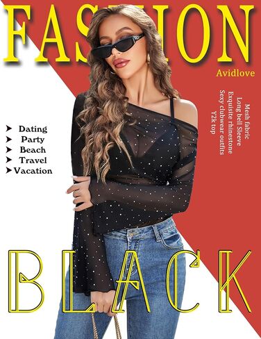 Avidlove Mesh Top for Women Long Sleeve Off The Shoulder Tops Sexy Clubwear Outfits Rhinestone Shirts S-XXL in Saudi Arabia