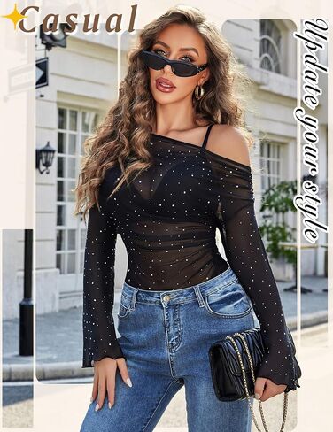 Avidlove Mesh Top for Women Long Sleeve Off The Shoulder Tops Sexy Clubwear Outfits Rhinestone Shirts S-XXL in Saudi Arabia