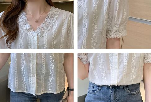 LAI MENG FIVE CATS Women's V Neck Lace See Through Elegant Blouse Short Sleeve Tops Shirts in Saudi Arabia