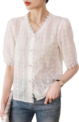 Lai Meng Five Cats Women's V Neck Lace انظر من خلال قمصان الأكمام القصيرة الأنيقة in Kuwait
