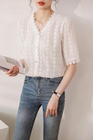Lai Meng Five Cats Women's V Neck Lace انظر من خلال قمصان الأكمام القصيرة الأنيقة in Kuwait