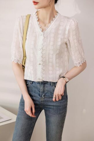 Lai Meng Five Cats Women's V Neck Lace انظر من خلال قمصان الأكمام القصيرة الأنيقة in Kuwait