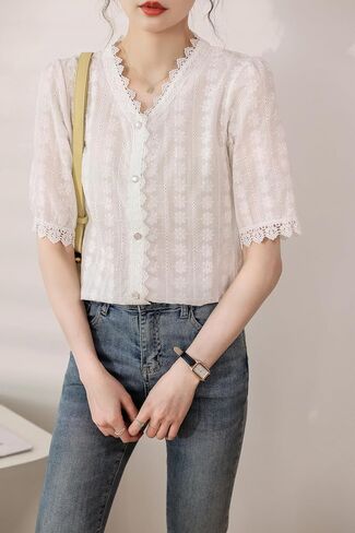 Lai Meng Five Cats Women's V Neck Lace انظر من خلال قمصان الأكمام القصيرة الأنيقة in Kuwait