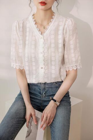 Lai Meng Five Cats Women's V Neck Lace انظر من خلال قمصان الأكمام القصيرة الأنيقة in Kuwait