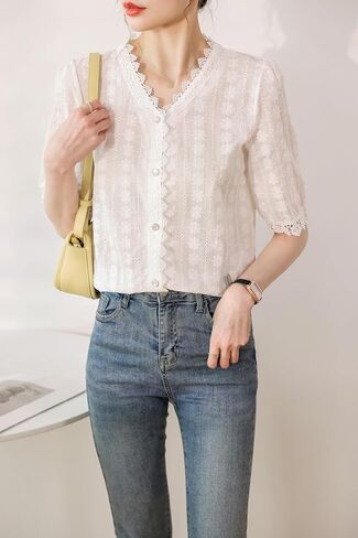 Lai Meng Five Cats Women's V Neck Lace انظر من خلال قمصان الأكمام القصيرة الأنيقة in Kuwait