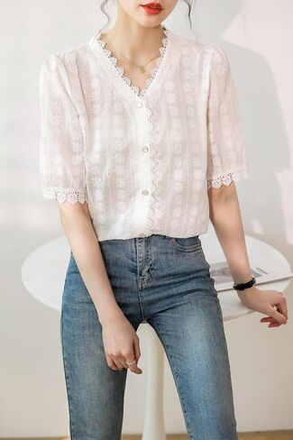 Lai Meng Five Cats Women's V Neck Lace انظر من خلال قمصان الأكمام القصيرة الأنيقة in Kuwait