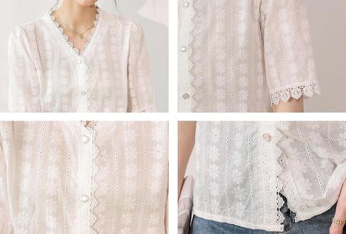 Lai Meng Five Cats Women's V Neck Lace انظر من خلال قمصان الأكمام القصيرة الأنيقة in Kuwait