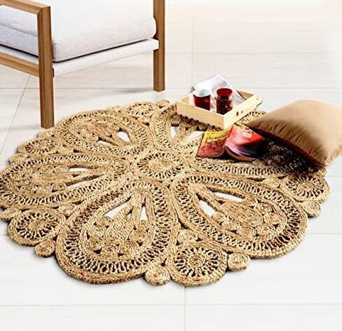 GRUHUM - Handwoven Jute Area Rug-4 feet Round- Natural Fiber Boho Soft Braided Rustic Vintage Beige Reversible Eco Friendly Farmhouse Rugs-Indoor Outdoor Kitchen Bedroom LivingRoom Hallways (4'Round) in Kuwait