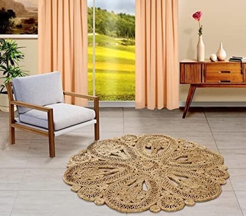 GRUHUM - Handwoven Jute Area Rug-4 feet Round- Natural Fiber Boho Soft Braided Rustic Vintage Beige Reversible Eco Friendly Farmhouse Rugs-Indoor Outdoor Kitchen Bedroom LivingRoom Hallways (4'Round) in Kuwait