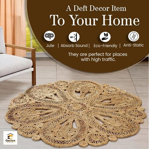 GRUHUM - Handwoven Jute Area Rug-4 feet Round- Natural Fiber Boho Soft Braided Rustic Vintage Beige Reversible Eco Friendly Farmhouse Rugs-Indoor Outdoor Kitchen Bedroom LivingRoom Hallways (4'Round) in Kuwait