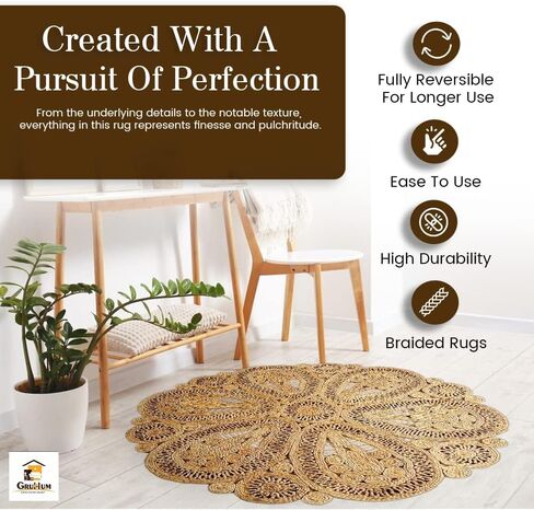 GRUHUM - Handwoven Jute Area Rug-4 feet Round- Natural Fiber Boho Soft Braided Rustic Vintage Beige Reversible Eco Friendly Farmhouse Rugs-Indoor Outdoor Kitchen Bedroom LivingRoom Hallways (4'Round) in Kuwait