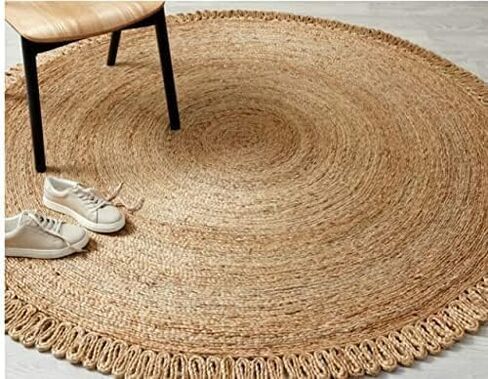 GRUHUM - Handwoven Jute Area Rug-4 feet Round- Natural Fiber Boho Soft Braided Rustic Vintage Beige Reversible Eco Friendly Farmhouse Rugs-Indoor Outdoor Kitchen Bedroom LivingRoom Hallways (4'Round) in Kuwait