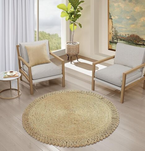 GRUHUM - Handwoven Jute Area Rug-4 feet Round- Natural Fiber Boho Soft Braided Rustic Vintage Beige Reversible Eco Friendly Farmhouse Rugs-Indoor Outdoor Kitchen Bedroom LivingRoom Hallways (4'Round) in Kuwait