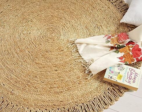GRUHUM - Handwoven Jute Area Rug-4 feet Round- Natural Fiber Boho Soft Braided Rustic Vintage Beige Reversible Eco Friendly Farmhouse Rugs-Indoor Outdoor Kitchen Bedroom LivingRoom Hallways (4'Round) in Kuwait