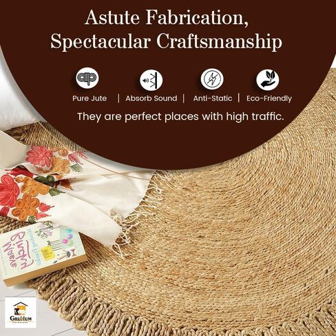 GRUHUM - Handwoven Jute Area Rug-4 feet Round- Natural Fiber Boho Soft Braided Rustic Vintage Beige Reversible Eco Friendly Farmhouse Rugs-Indoor Outdoor Kitchen Bedroom LivingRoom Hallways (4'Round) in Kuwait