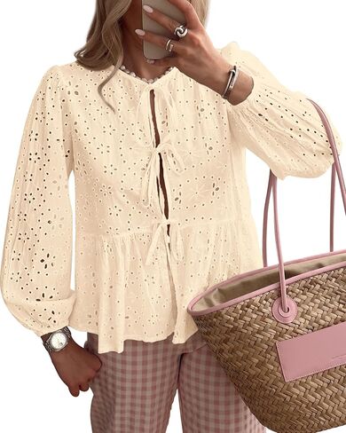 KIRUNDO Babydoll Tops for Women Long Sleeve Tie Front Eyelet Going Out Peplum Cute Cotton Shirts 2025 Fall Dressy Blouses in Saudi Arabia