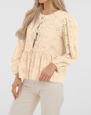 KIRUNDO Babydoll Tops for Women Long Sleeve Tie Front Eyelet Going Out Peplum Cute Cotton Shirts 2025 Fall Dressy Blouses in Saudi Arabia