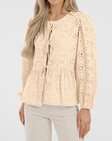 KIRUNDO Babydoll Tops for Women Long Sleeve Tie Front Eyelet Going Out Peplum Cute Cotton Shirts 2025 Fall Dressy Blouses in Saudi Arabia