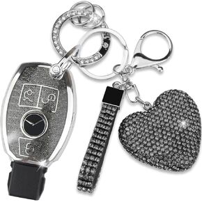 Key Fob Cover with Diamond Keychain for Mercedes Benz Car Key Shell Compatible with Mercedes Benz C E M S CLS CLA GLK GLA GLC GLE AMG Class Remote Key for Women (3 Buttons-Silver Heart) in Saudi Arabia