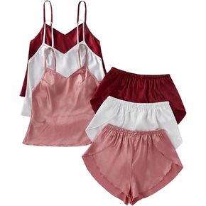 Gorglitter Women's 6 قطعة حرير ساتان Pajama Set v الرقبة أكمام كامي قمم وروز سراويل صالة in Kuwait
