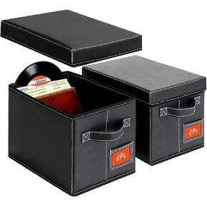 2-Pack 7-Inch Vinyl Record Storage Boxes – Black Faux Leather Record Holder & Case with Lid – Compact Storage Crate for Singles, EPs, Vinyl Rolls, and Accessories in Kuwait