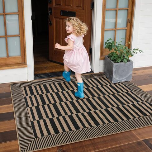 Beeiva Striped Easy Jute Rug, 3x5 Outdoor Rugs for Porch, Farmhouse Washable Patio Rug Front Door Mat for Entryway Porch Outside Entrance Mudroom - Black in Kuwait
