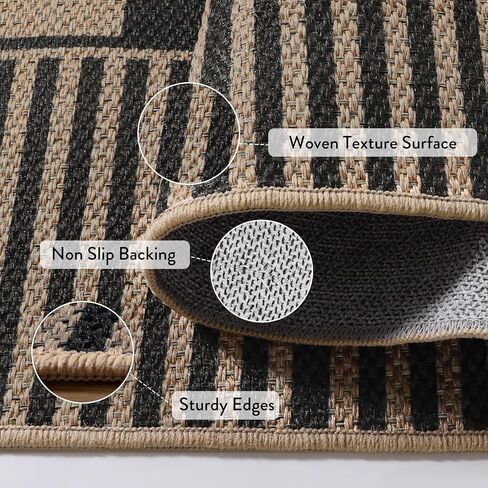 Beeiva Striped Easy Jute Rug, 3x5 Outdoor Rugs for Porch, Farmhouse Washable Patio Rug Front Door Mat for Entryway Porch Outside Entrance Mudroom - Black in Kuwait