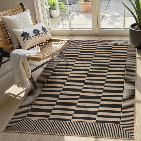 Beeiva Striped Easy Jute Rug, 3x5 Outdoor Rugs for Porch, Farmhouse Washable Patio Rug Front Door Mat for Entryway Porch Outside Entrance Mudroom - Black in Kuwait