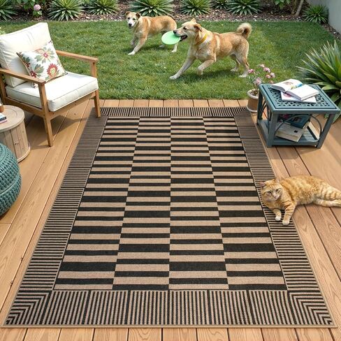 Beeiva Striped Easy Jute Rug, 3x5 Outdoor Rugs for Porch, Farmhouse Washable Patio Rug Front Door Mat for Entryway Porch Outside Entrance Mudroom - Black in Kuwait
