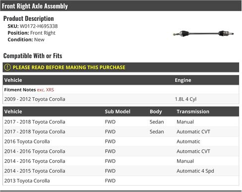 مجموعة محور CV الجانبي للأمراض اليمنى-متوافقة مع 2009-2018 Toyota Corolla FWD سيدان 1.8L 4 أسطوانات in Saudi Arabia